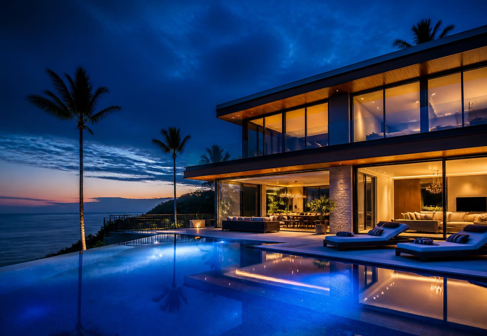 Villa vacacional de lujo iluminada al atardecer con piscina infinita